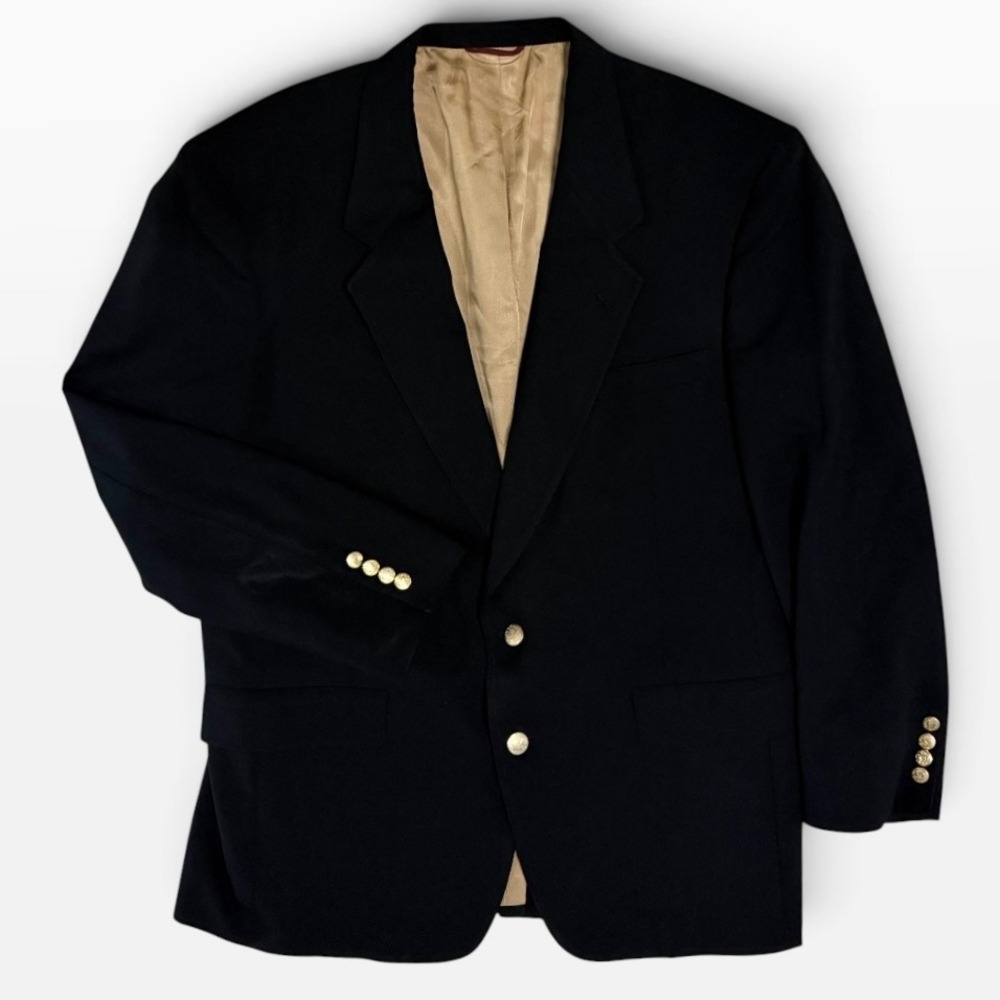 Hart Schaffner Marx Trumpeter Blazer Mens 44R Wool Gold Button Black VTG USA